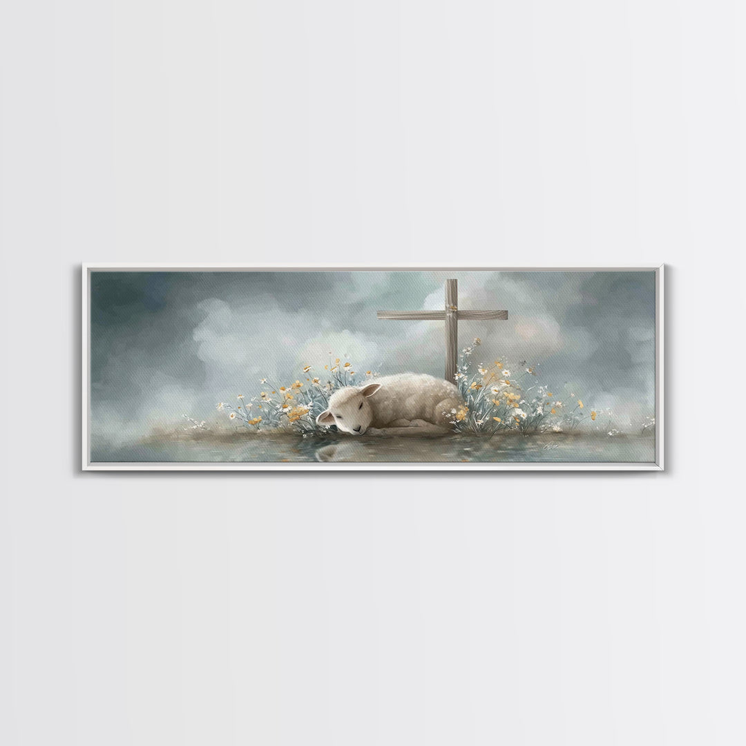 Gentle Lamb Peace, Framed Canvas Print, Christian Art Canvas, Panoramic Wall Art, Christian Painting, Christmas Art, Christian Gift Ideas