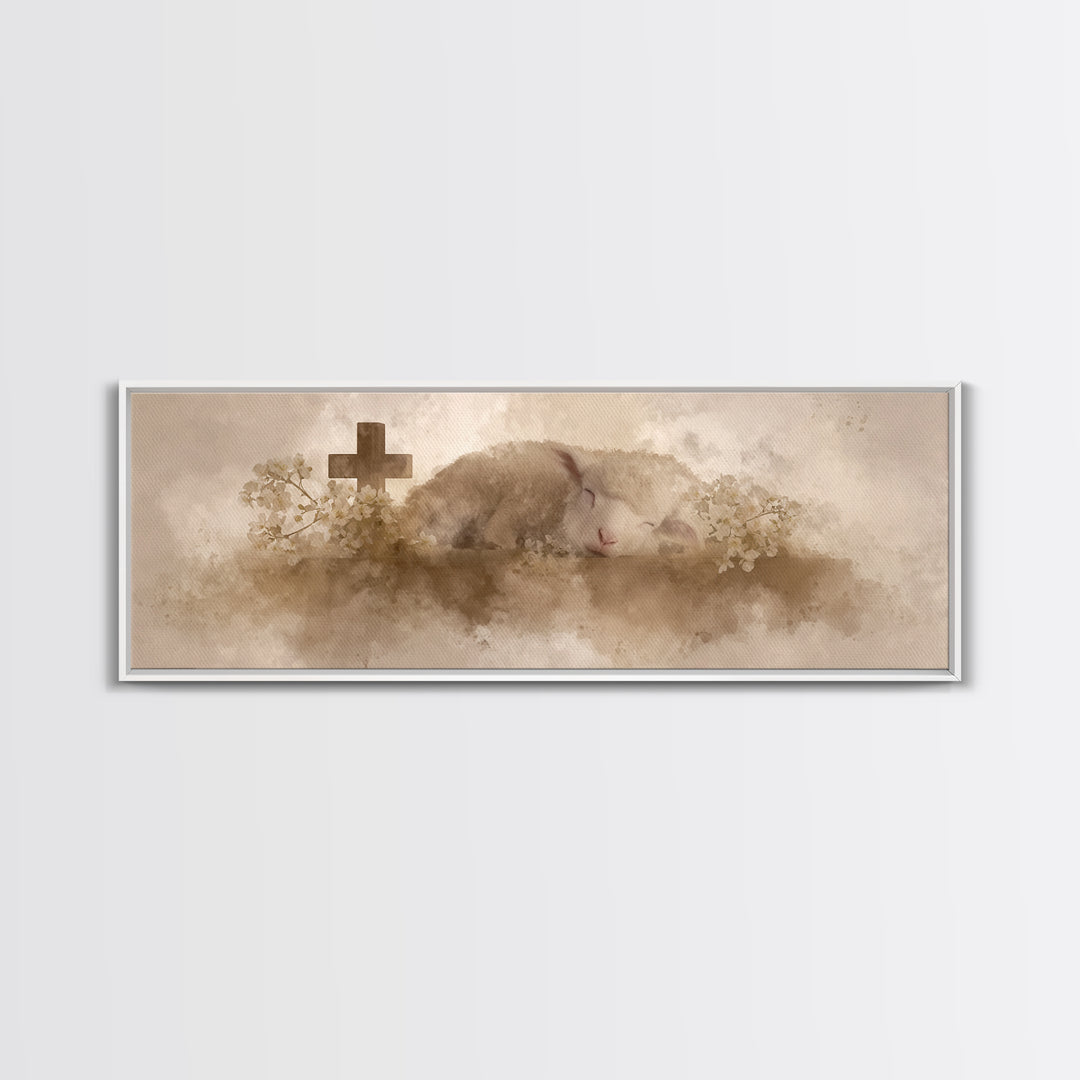 Lamb Of Comfort | Framed Canvas Print | Christian Art Canvas | Extra Wide Art | Christian Paintings | Christmas Canvas Wall Art | Christian