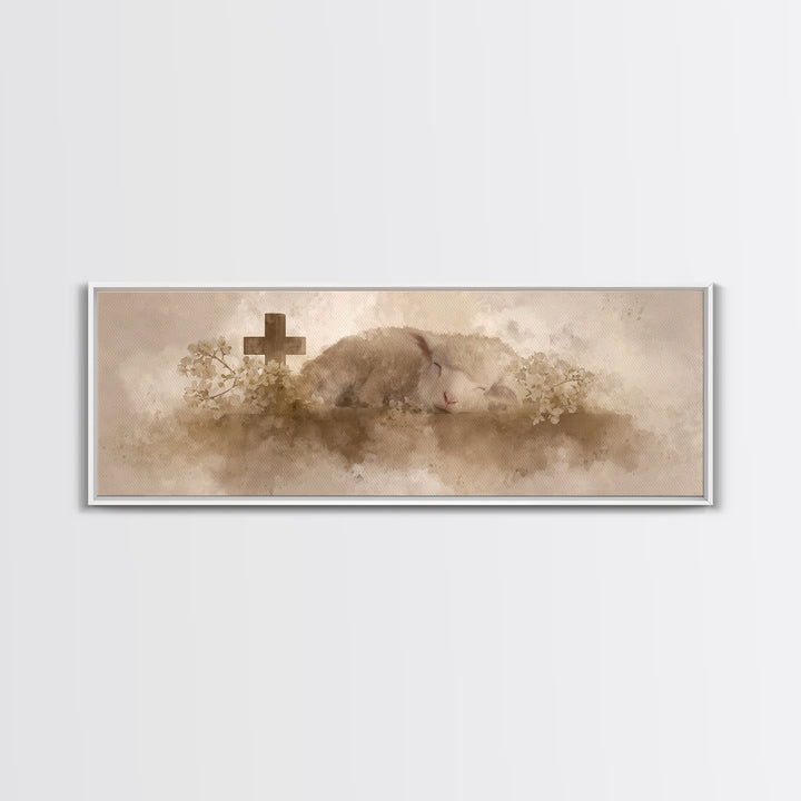 Lamb Of Comfort | Framed Canvas Print | Christian Art Canvas | Extra Wide Art | Christian Paintings | Christmas Canvas Wall Art | Christian