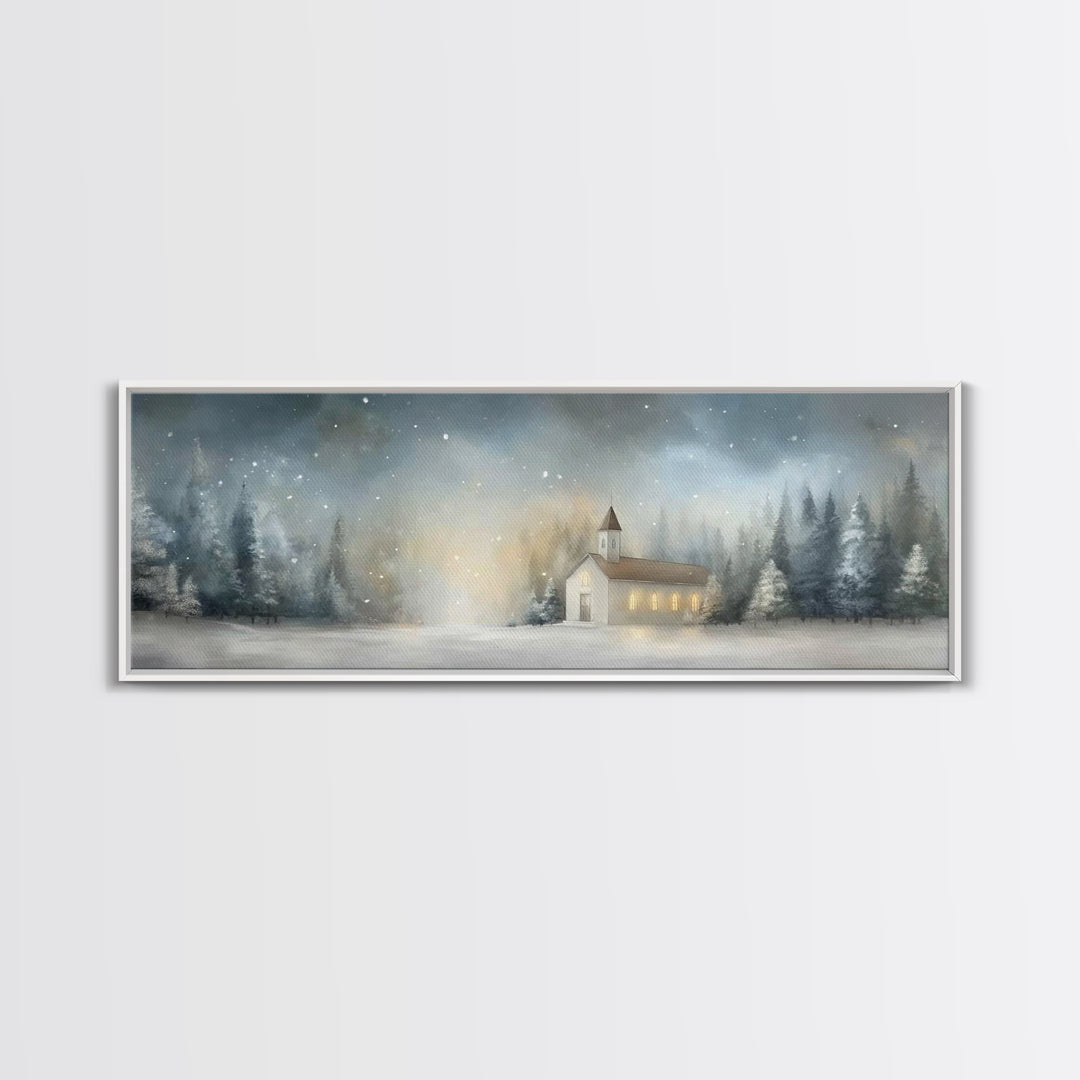 Winter Chapel Peace – Framed Canvas Print – Christian Wall Art – Panoramic Print – Christmas Art – Modern Christian Art – Christian Gift Id