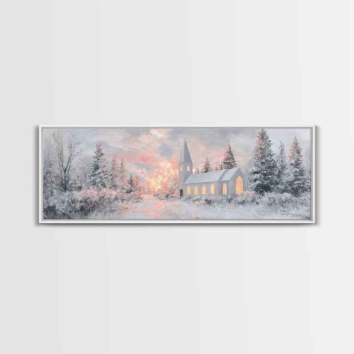 Radiant Winter Church, Framed Canvas Print, Christmas Wall Art, Christian Art Canvas, Moody Christmas Art, Panoramic Wall Art, Christian De
