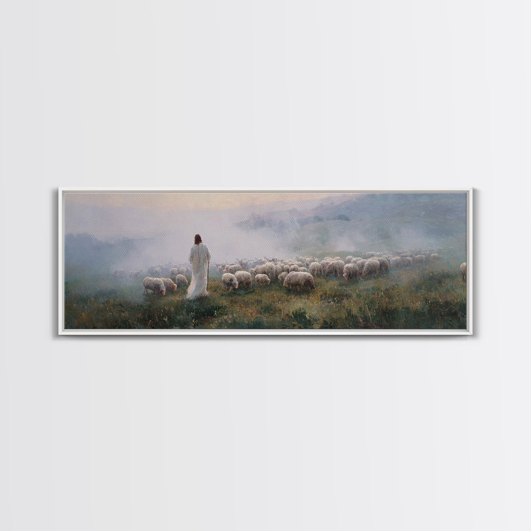 Morning Shepherd Peace, Framed Canvas Print, Jesus Painting, Christian Art Canvas, Pastoral Christian Art, Panoramic Art, Christian Gift Id