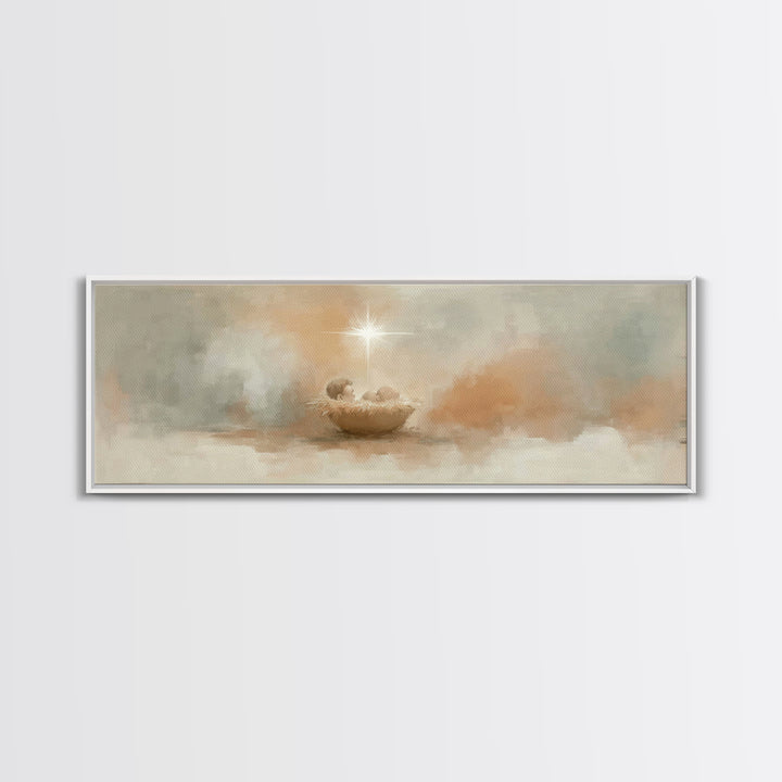 Little Holy Cradle, Framed Canvas Print, Panoramic Painting, Christian Art Canvas, Christian Wall Art, Christmas Art, Christian Christmas A