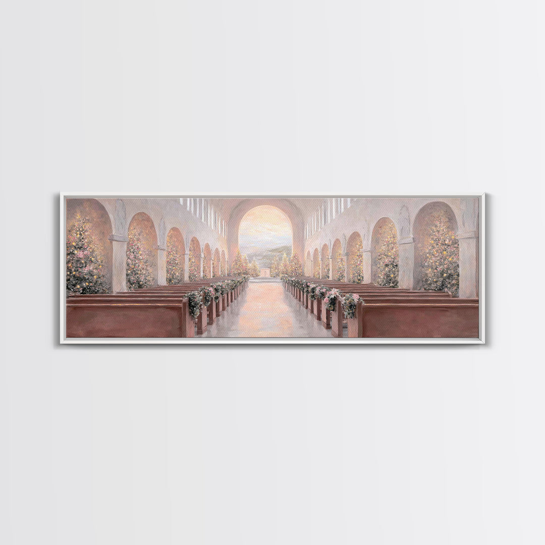 Winter Chapel Radiance, Framed Canvas Print, Christian Wall Art, Christian Art Canvas, Panoramic Art, Christmas Art, Christian Christmas De