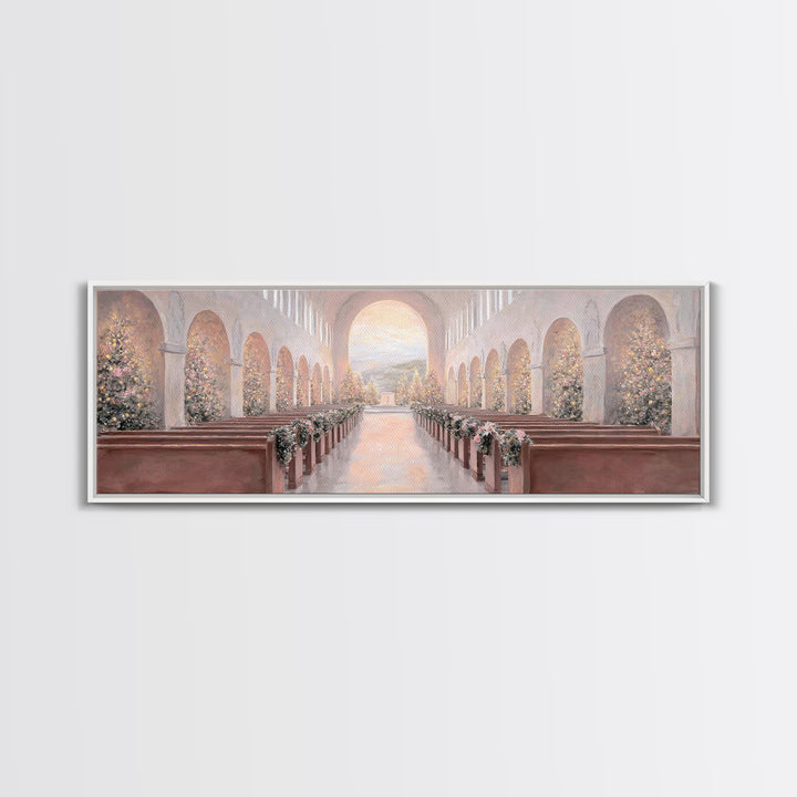 Winter Chapel Radiance, Framed Canvas Print, Christian Wall Art, Christian Art Canvas, Panoramic Art, Christmas Art, Christian Christmas De