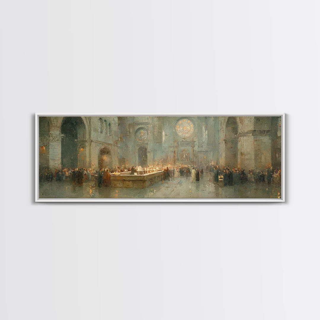 Gathered In Worship – Framed Canvas Print – Christian Wall Art – Panoramic Frame – Christmas Art – Christian Art Canvas – Christian Christm