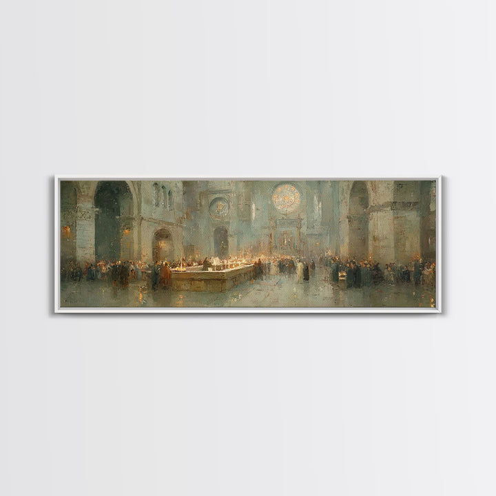 Gathered In Worship – Framed Canvas Print – Christian Wall Art – Panoramic Frame – Christmas Art – Christian Art Canvas – Christian Christm