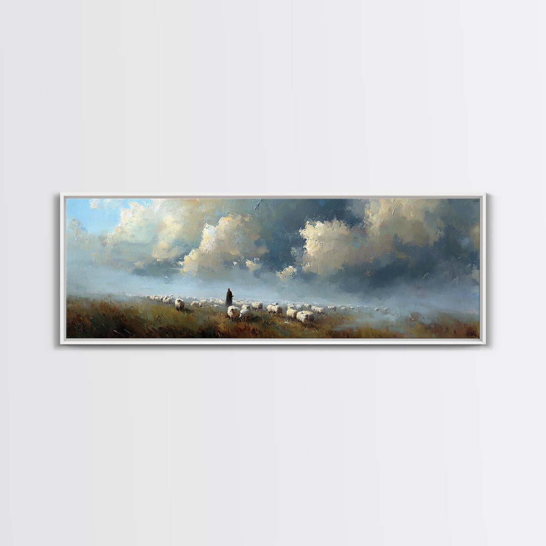 Morning Shepherd Light, Framed Canvas Print, Christian Wall Art, Panoramic Art, Jesus Painting, Modern Christian Art, Christmas Wall Art
