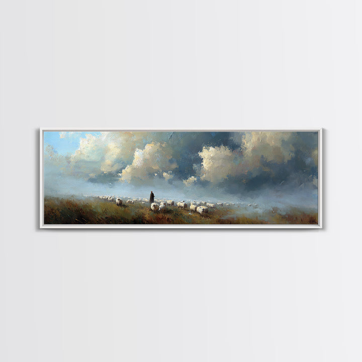 Morning Shepherd Light, Framed Canvas Print, Christian Wall Art, Panoramic Art, Jesus Painting, Modern Christian Art, Christmas Wall Art