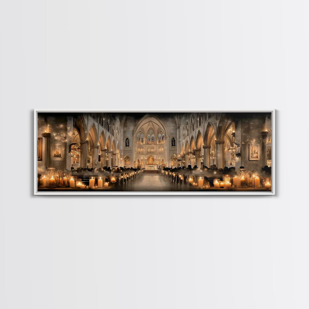 Cathedral Candle Vigil – Framed Canvas Print – Christian Wall Art – Panoramic Painting – Christian Christmas Art – Christian Art Canvas – C