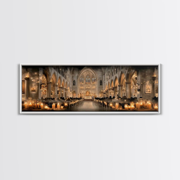 Cathedral Candle Vigil – Framed Canvas Print – Christian Wall Art – Panoramic Painting – Christian Christmas Art – Christian Art Canvas – C