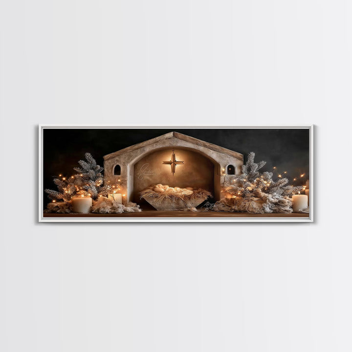 Holy Night Glow – Framed Canvas Print – Christian Wall Art – Panoramic Art – Christian Christmas Art – Christian Art Canvas – Christmas Art