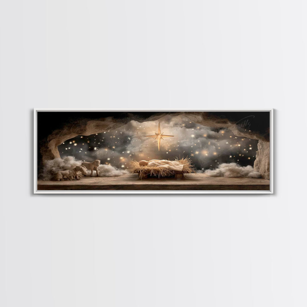 Star Of Bethlehem | Framed Canvas Print | Christmas Art | Panoramic Wall Art | Jesus Christmas Art | Christian Wall Art | Christian Art Can