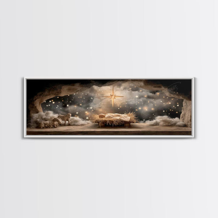Star Of Bethlehem | Framed Canvas Print | Christmas Art | Panoramic Wall Art | Jesus Christmas Art | Christian Wall Art | Christian Art Can