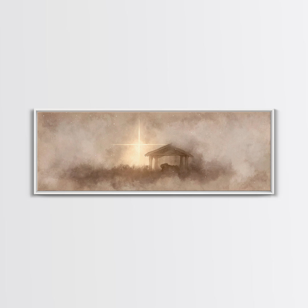 Silent Manger Light, Framed Canvas Print, Christian Christmas Art, Panoramic Art, Christian Wall Art, Christmas Canvas Wall Art, Christian