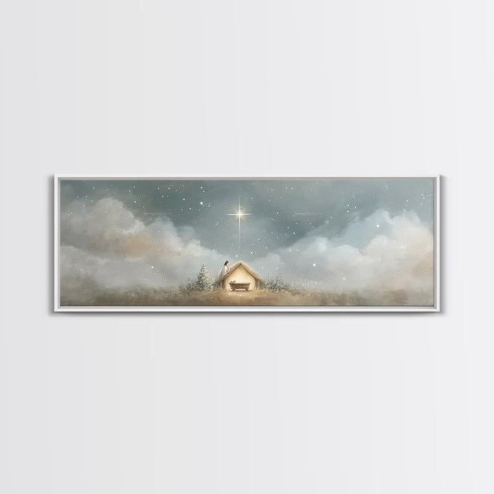 Manger Serenity, Framed Canvas Print, Christmas Art, Panoramic Wall Art, Christian Art Canvas, Christian Christmas Decor, Christian Paintin