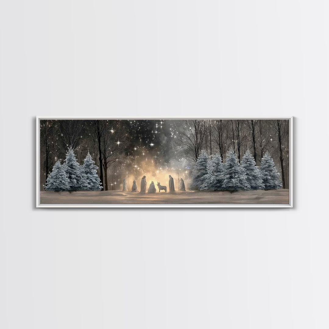 Midnight Nativity Glow – Framed Canvas Print – Christian Wall Art – Christian Art Canvas – Jesus Christmas Art – Panoramic Wall Art – Chris