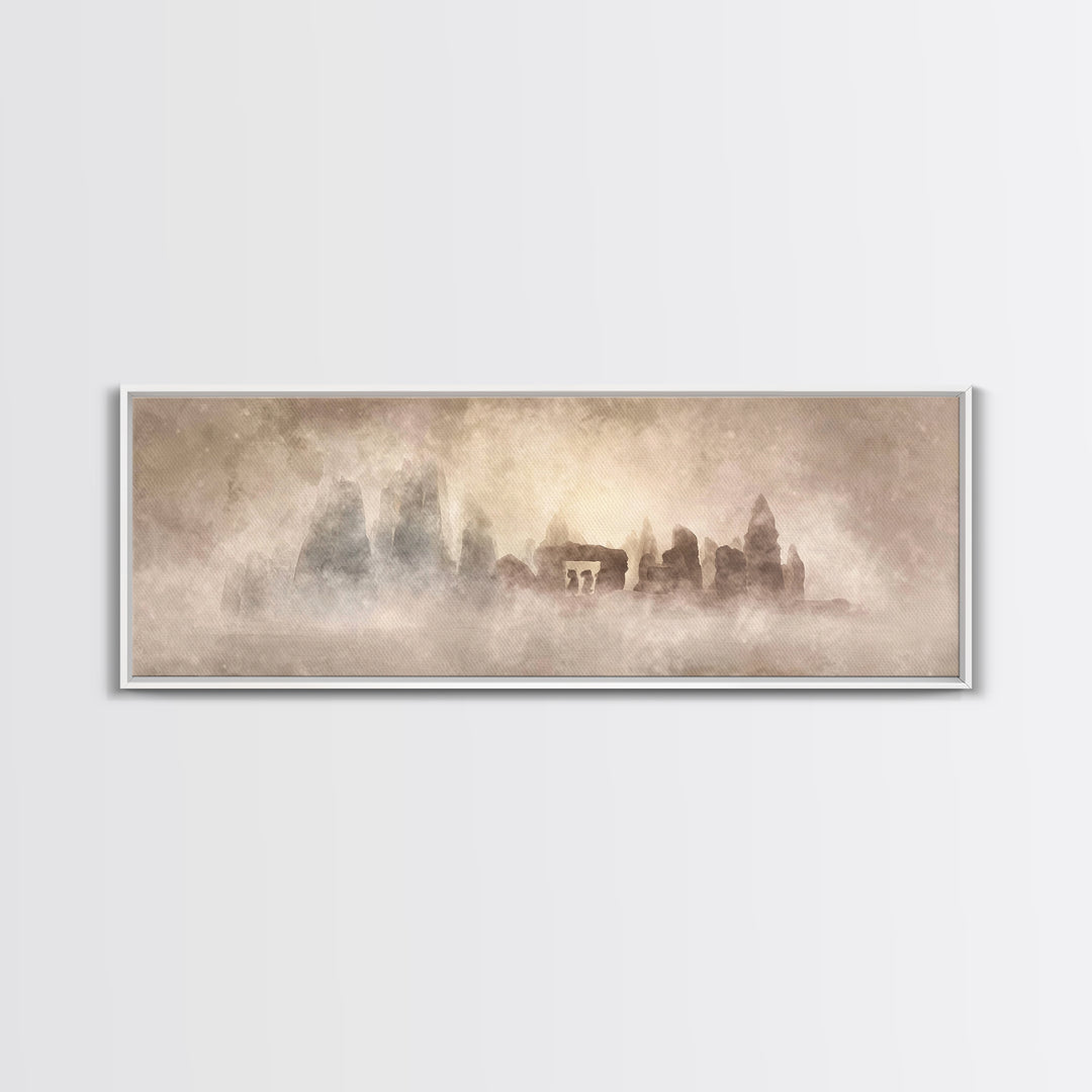 Misty Ancient Stones | Framed Canvas Print | Christian Art | Christian Painting | Minimalist Christian Art | Panoramic Art | Christian Wall