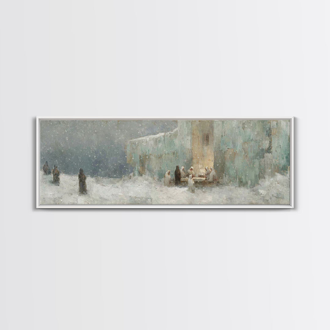 Winter Gathering Light, Framed Canvas Print, Christian Wall Art, Christian Art Canvas, Christmas Art Prints, Panoramic Painting, Christian