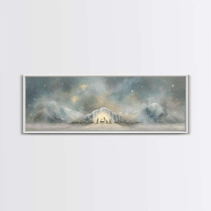 Starry Mountain Birth – Framed Canvas Print – Christian Christmas Art – Christian Art Canvas – Jesus Painting – Panoramic Frame – Christian