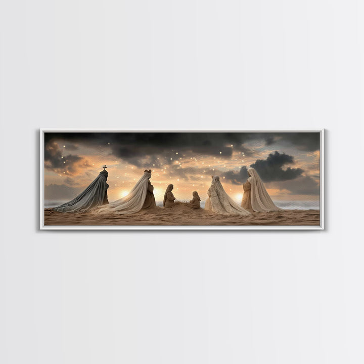 Sandy Nativity Horizon – Framed Canvas Print – Christian Christmas Art – Christian Art Canvas – Jesus Wall Art – Panoramic Art – Christian