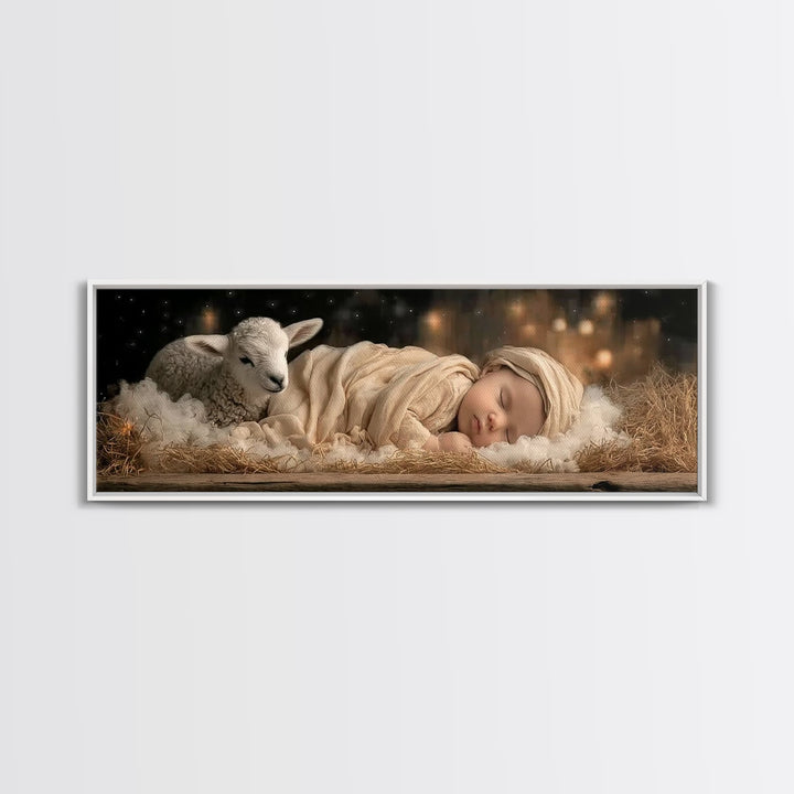 Gentle Manger Peace | Framed Canvas Print | Christian Art Canvas | Christmas Wall Art | Panoramic Art | Christian Christmas Art | Christian