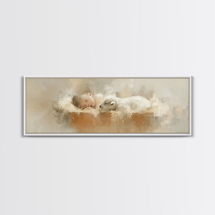 Innocent Manger Dream | Framed Canvas Print | Christian Art Canvas | Panoramic Art | Christmas Art Prints | Christian Wall Art | Christian
