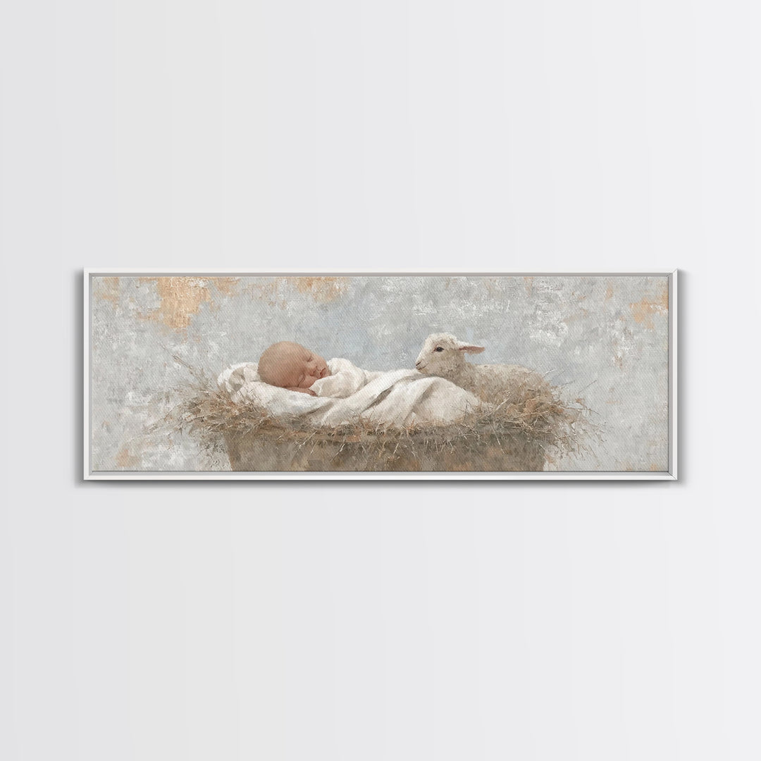 Tiny Manger Grace – Framed Canvas Print – Christmas Wall Art – Christian Art Canvas – Panoramic Painting – Jesus Christmas Art – Christian