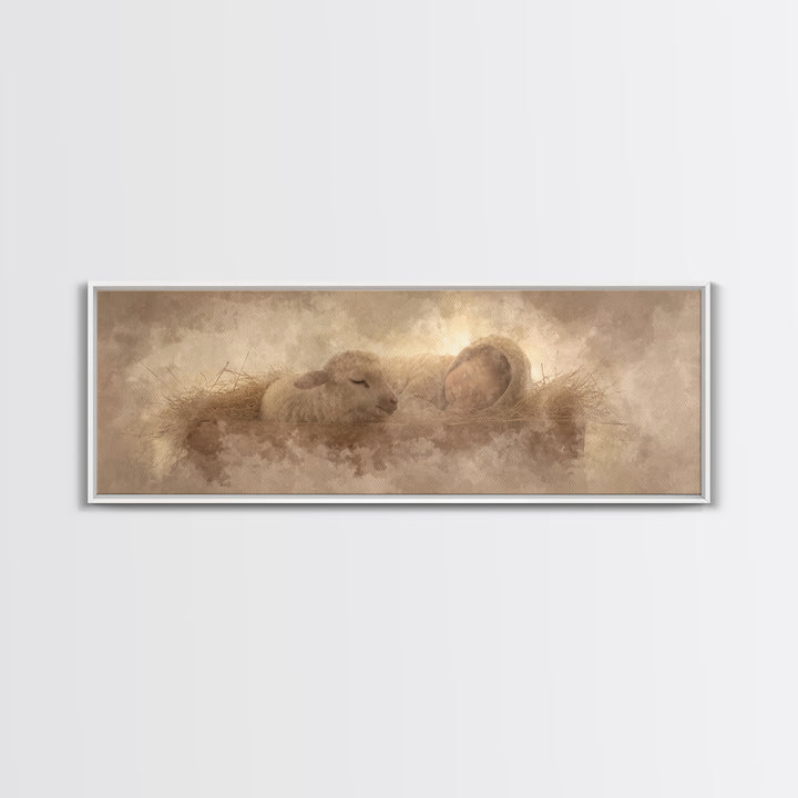 Sacred Cradle Light, Framed Canvas Print, Christian Christmas Art, Panoramic Wall Art, Christian Art Canvas, Jesus Art Print, Christian Wal