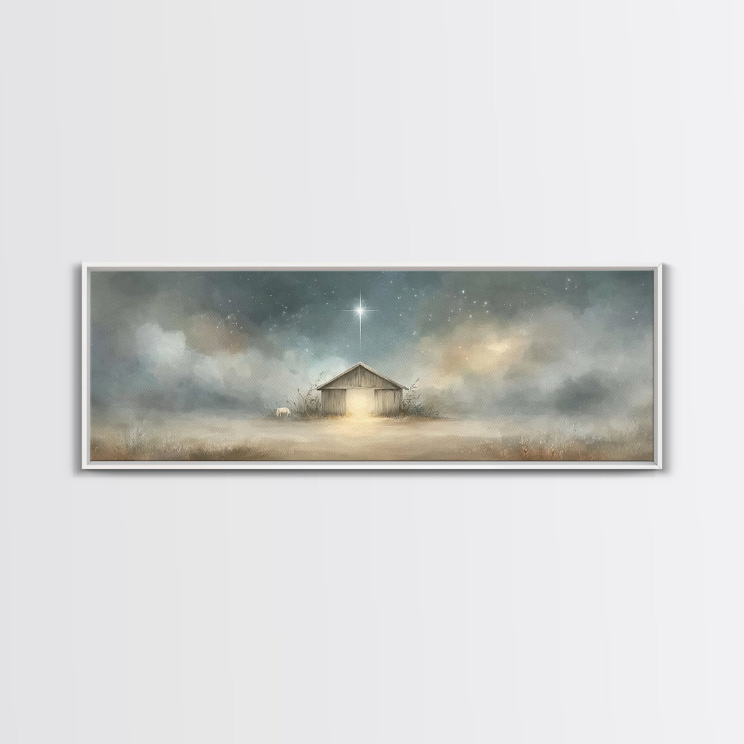 Starry Night Manger | Framed Canvas Print | Christian Wall Art | Panoramic Painting | Christmas Wall Art | Jesus Painting