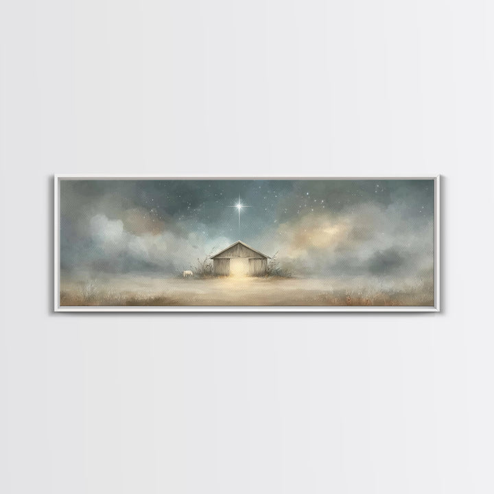 Starry Night Manger | Framed Canvas Print | Christian Wall Art | Panoramic Painting | Christmas Wall Art | Jesus Painting