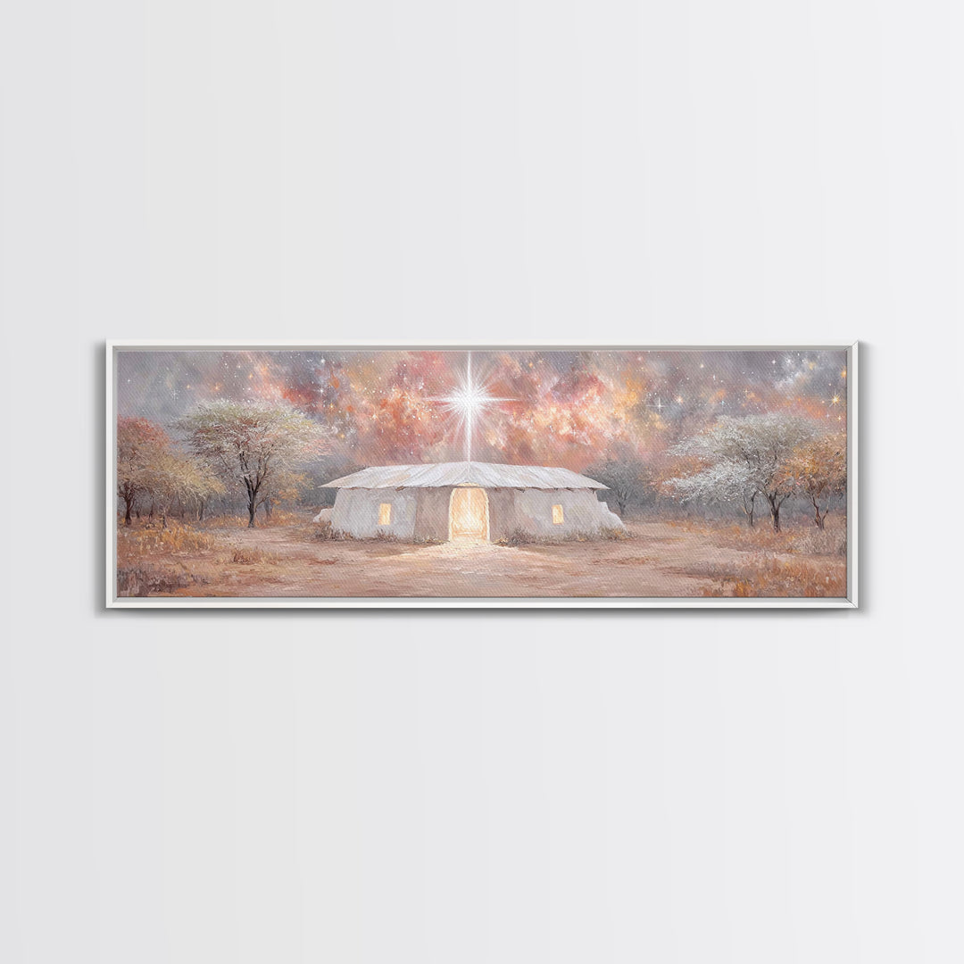 Bethlehem Dawn Glow, Framed Canvas Print, Christian Art, Panoramic Print, Christmas Art, Christian Wall Art, Jesus Painting