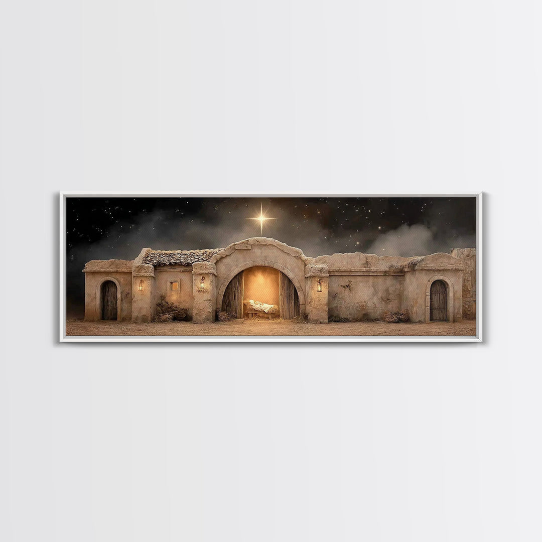 Radiant Stable Peace – Framed Canvas Print – Christian Wall Art – Panoramic Frame – Christmas Art – Christian Art Canvas – Jesus Painting