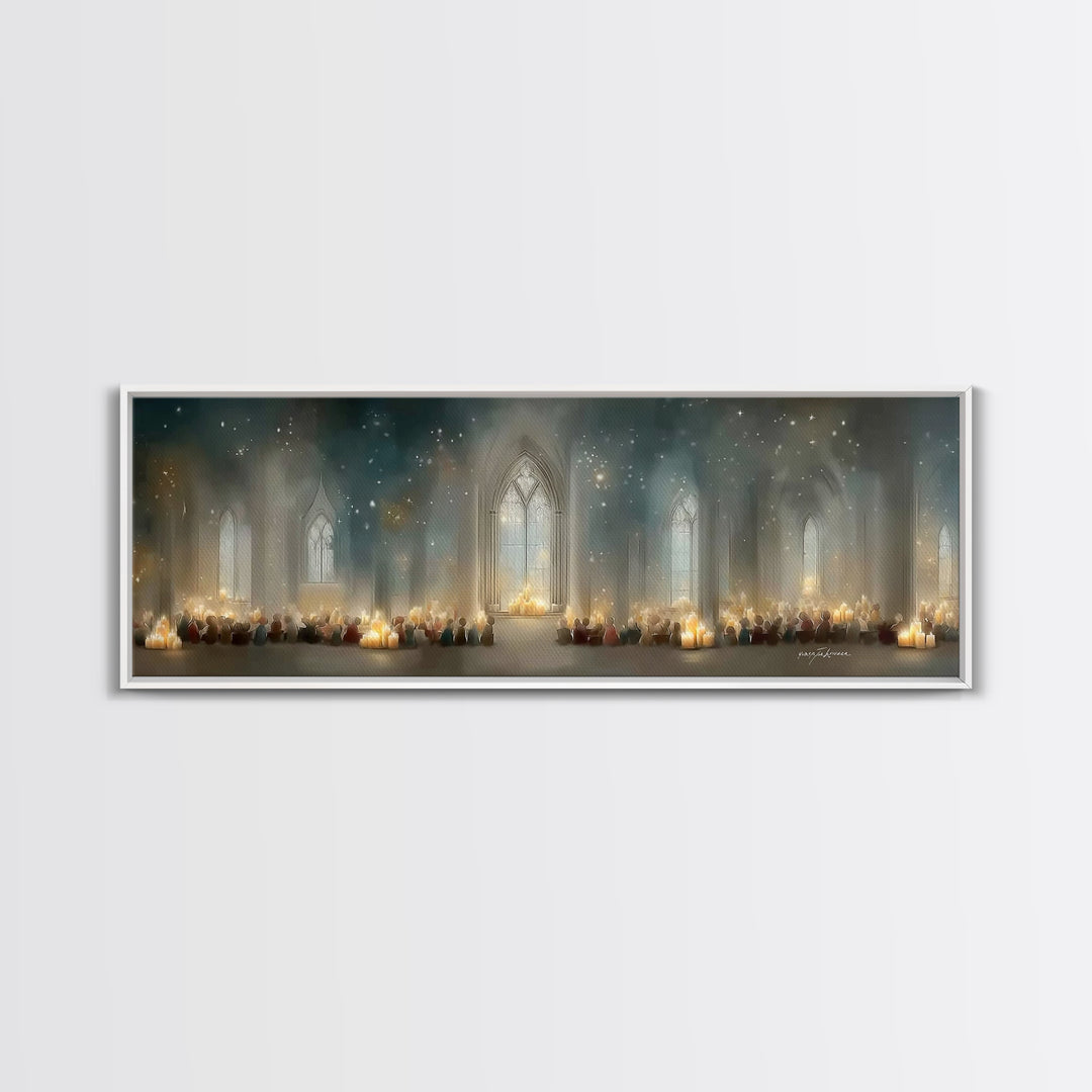 Candlelit Devotion | Framed Canvas Print | Christian Art | Christian Christmas Art | Panoramic Print | Christian Art Canvas | Christmas Wal