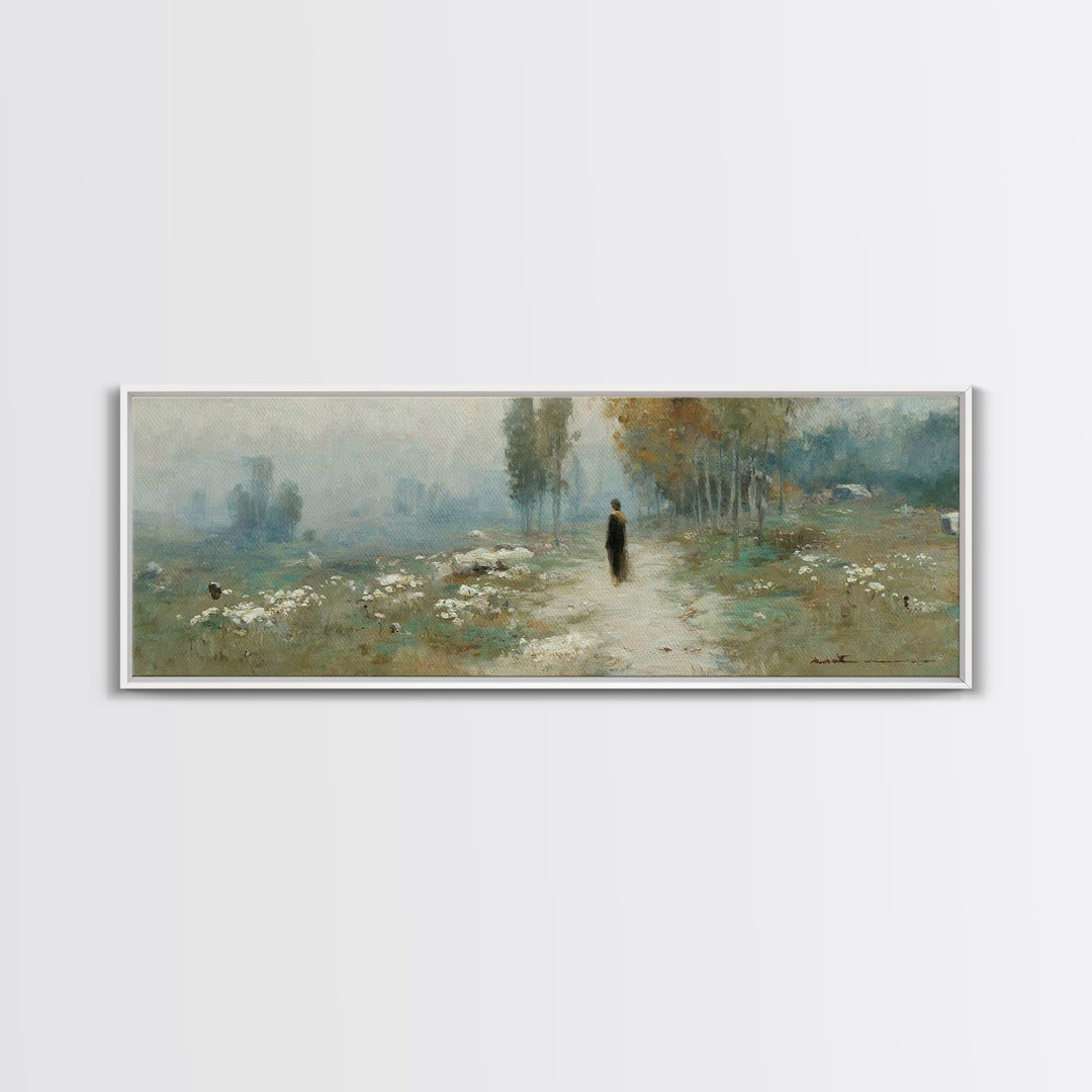 Misty Valley Walk, Framed Canvas Print, Christian Art Canvas, Panoramic Wall Art, Christian Art, Jesus Painting, Christmas Art