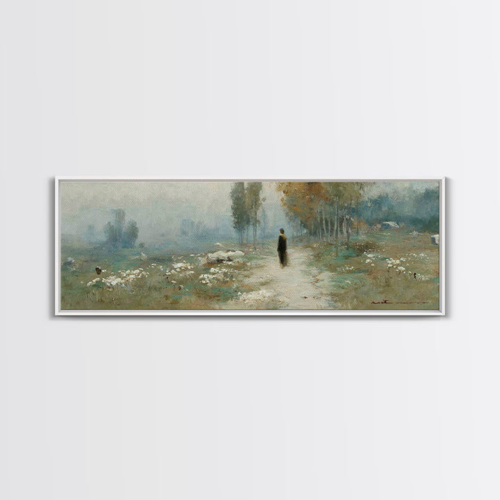 Misty Valley Walk, Framed Canvas Print, Christian Art Canvas, Panoramic Wall Art, Christian Art, Jesus Painting, Christmas Art