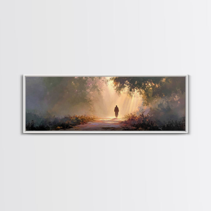 Radiant Woodland Path | Framed Canvas Print | Panoramic Art | Jesus Painting | Christian Art Canvas | Moody Christian Art | Christian Wall