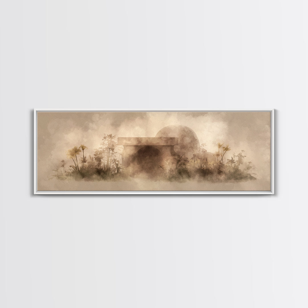 Dawn At The Empty Tomb, Framed Canvas Print, Panoramic Wall Art, Christian Art Canvas, Christian Wall Art, Easter Christian Art, Christian