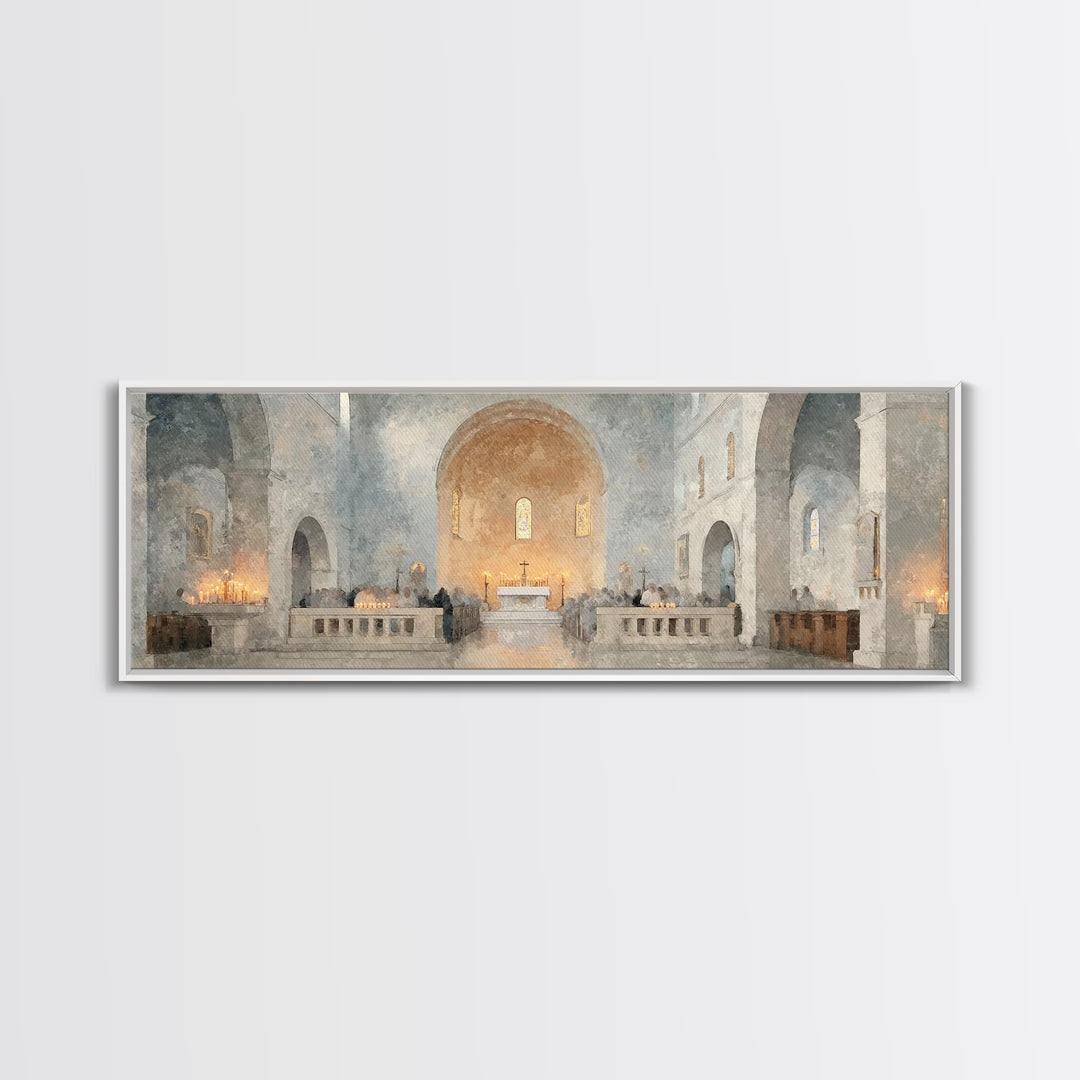 Starry Chapel Gathering, Framed Canvas Print, Panoramic Art, Christian Wall Art, Christian Art Canvas, Christmas Art Prints, Christian Chri