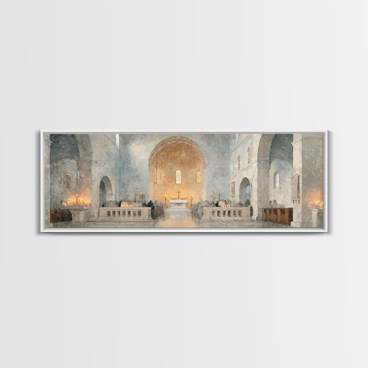 Starry Chapel Gathering, Framed Canvas Print, Panoramic Art, Christian Wall Art, Christian Art Canvas, Christmas Art Prints, Christian Chri