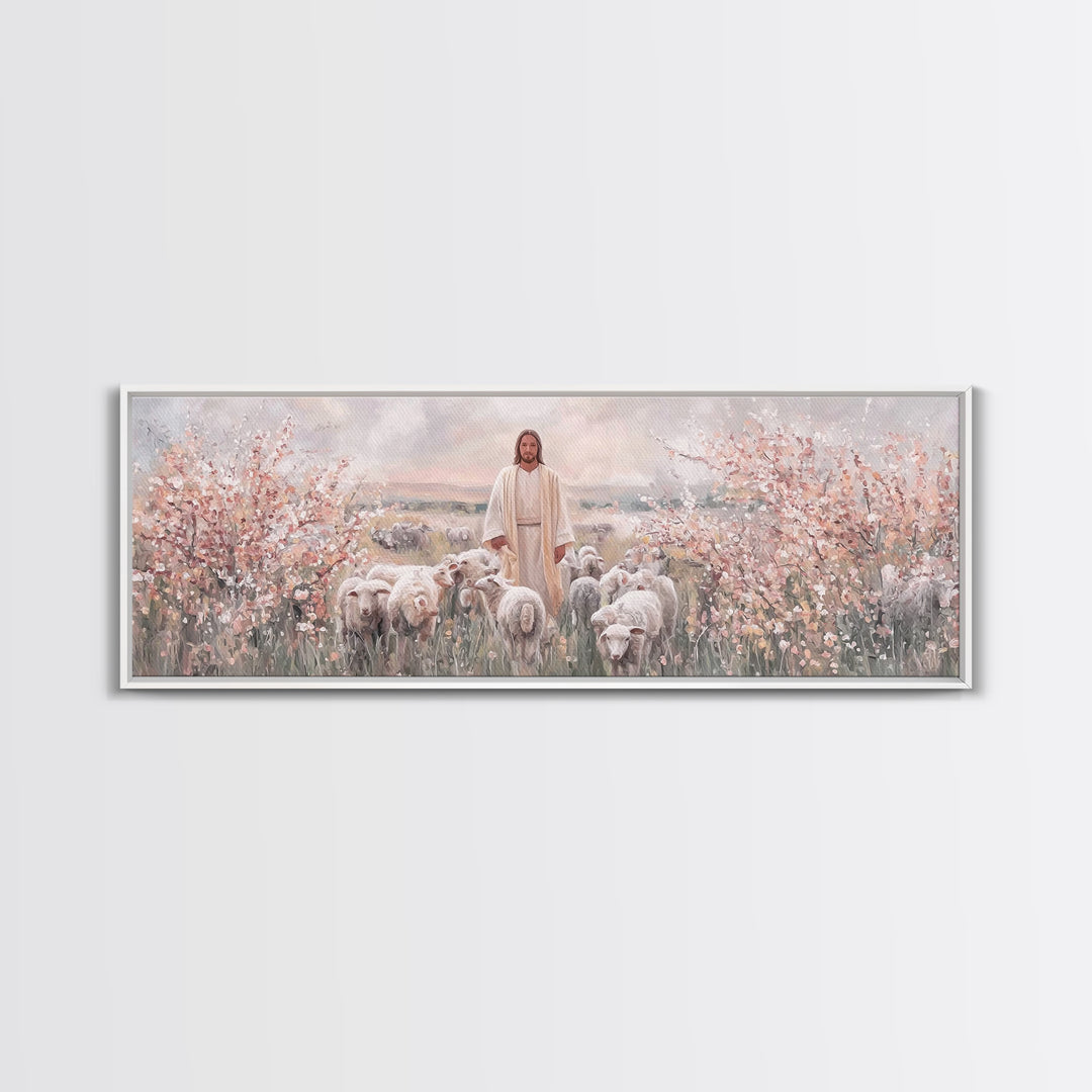 Shepherd Of Blossoms | Framed Canvas Print | Panoramic Art | Jesus Painting | Christian Art Canvas | Christian Christmas Art | Christian Wa