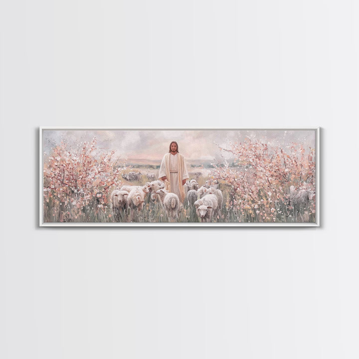 Shepherd Of Blossoms | Framed Canvas Print | Panoramic Art | Jesus Painting | Christian Art Canvas | Christian Christmas Art | Christian Wa