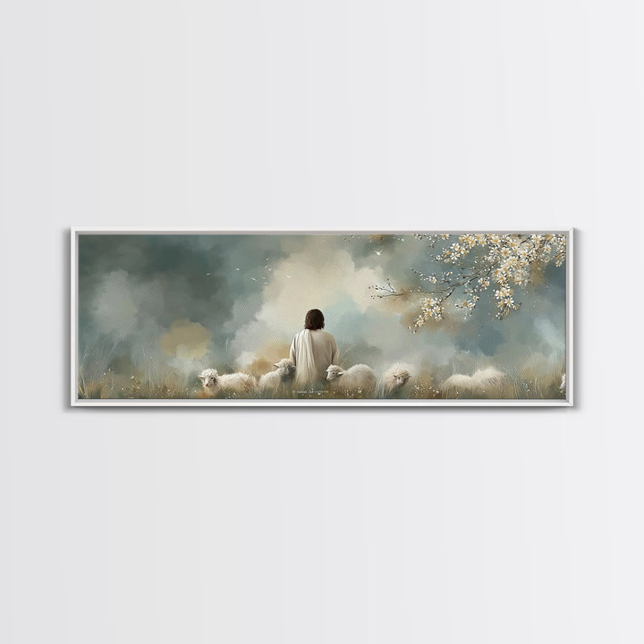 Peaceful Pasture Light – Framed Canvas Print – Panoramic Painting – Christian Art Canvas – Christian Wall Art – Jesus Painting – Christian