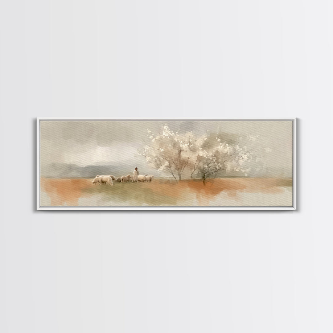 Meadow Of Promise, Framed Canvas Print, Panoramic Art, Christian Wall Art, Jesus Painting, Christian Art Canvas, Christian Christmas Art