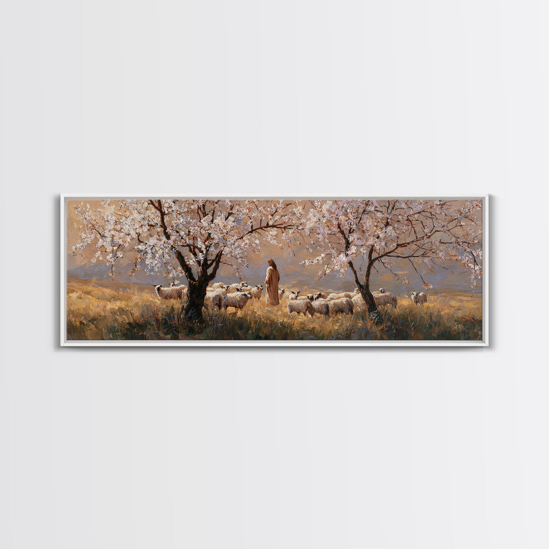 Shepherds In Bloom, Framed Canvas Print, Panoramic Wall Art, Christian Art Canvas, Jesus Painting, Christian Christmas Art, Christian Wall