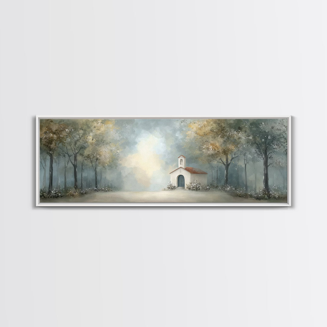 Forest Chapel Peace, Framed Canvas Print, Panoramic Art, Christian Art Canvas, Christian Wall Art, Christian Christmas Art, Christian Paint
