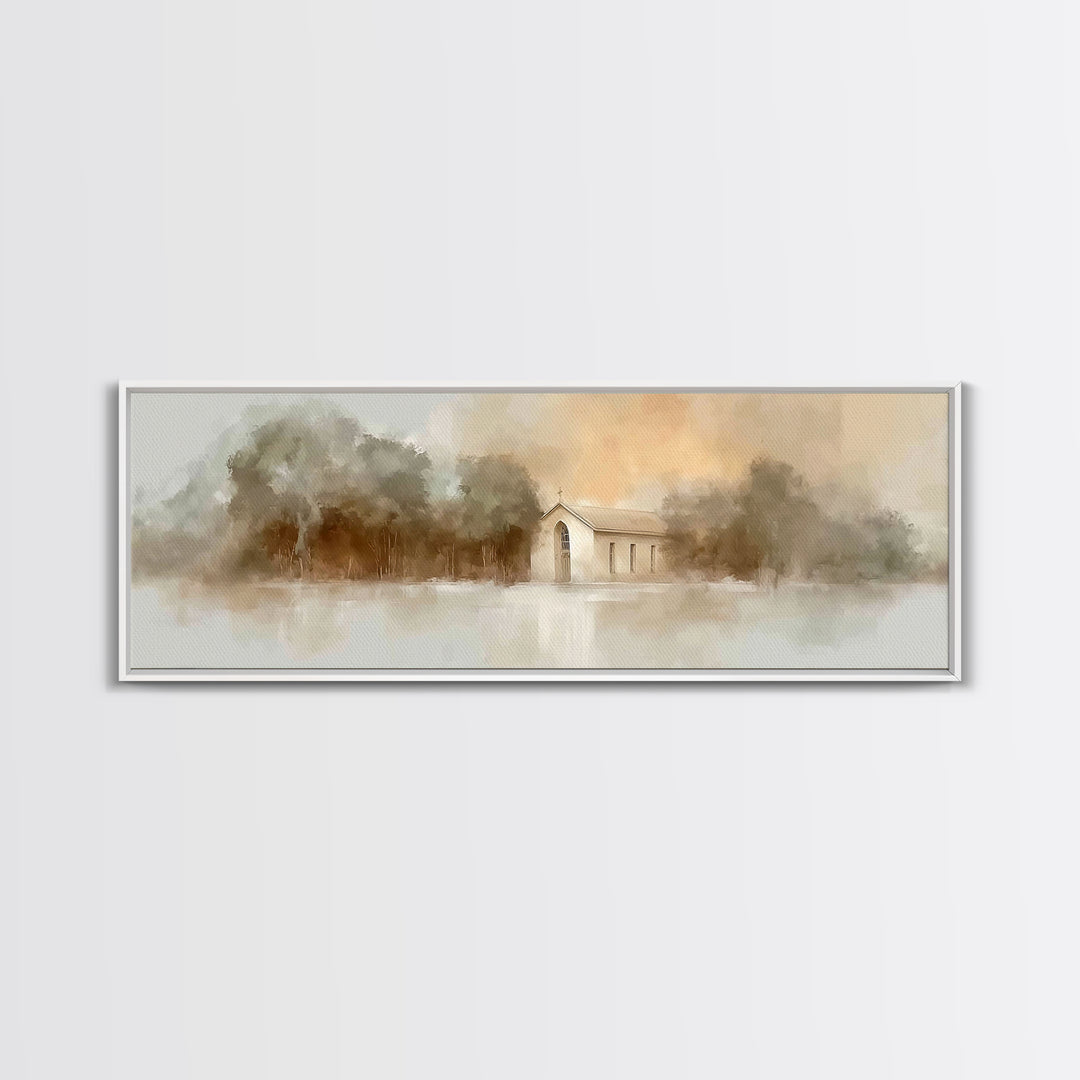 Soft Morning Chapel | Framed Canvas Print | Panoramic Wall Art | Christian Art Canvas | Christian Painting | Christian Christmas Art | Chri