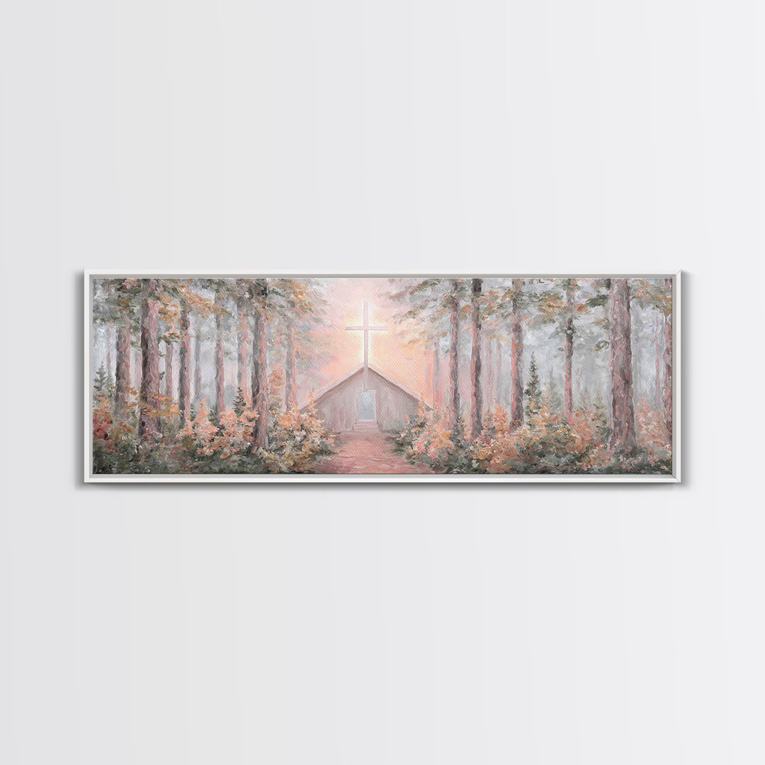 Woodland Cross Glow – Framed Canvas Print – Panoramic Painting – Christian Art Canvas – Christian Wall Art – Christian Christmas Art – Chri
