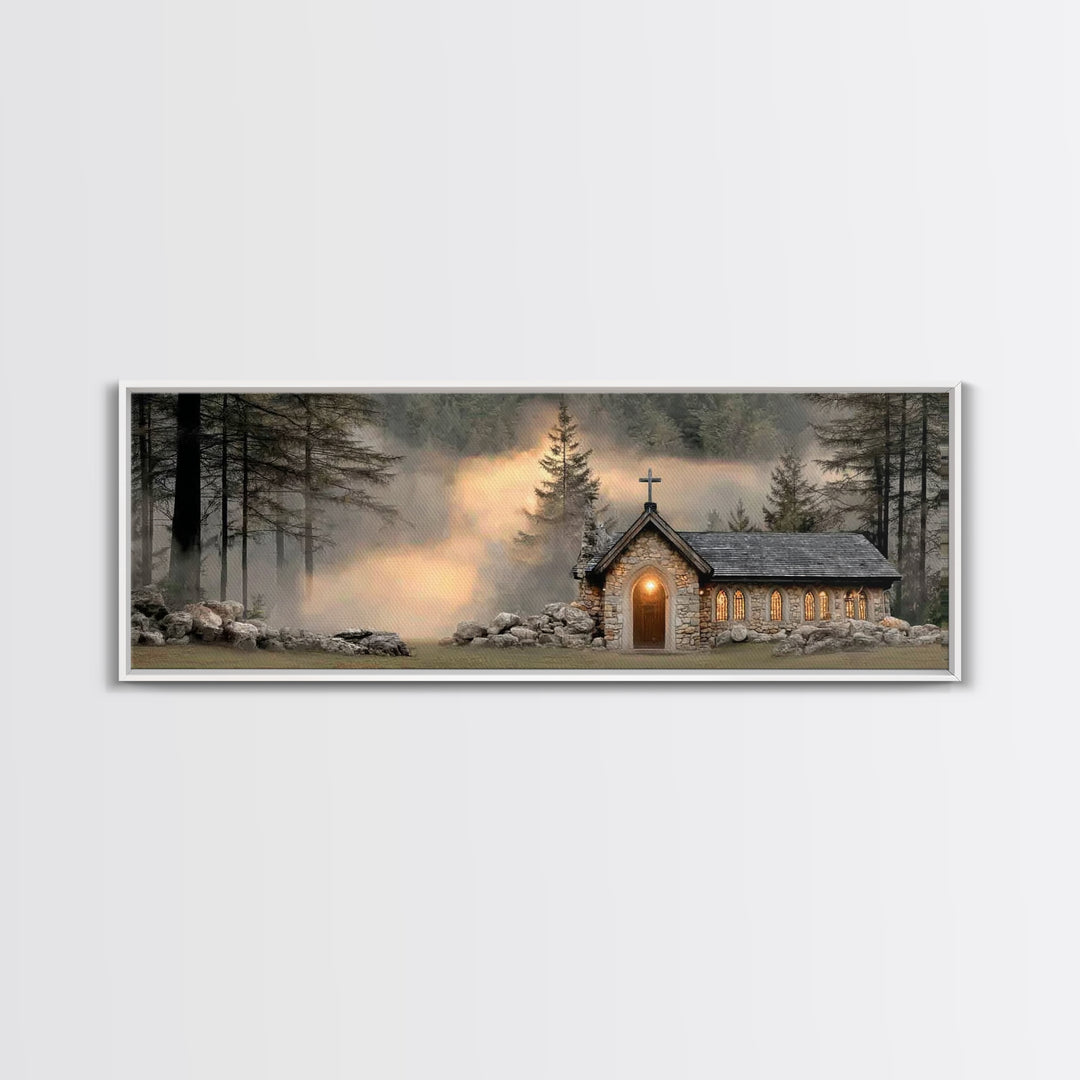 Chapel In The Pines | Framed Canvas Print | Panoramic Frame | Christian Wall Art | Christian Christmas Art | Christian Art Canvas | Christi