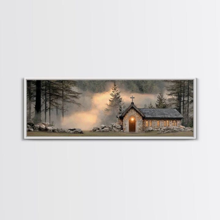 Chapel In The Pines | Framed Canvas Print | Panoramic Frame | Christian Wall Art | Christian Christmas Art | Christian Art Canvas | Christi